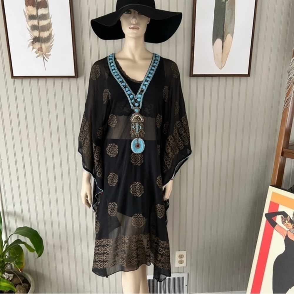 Bro Semi Sheer Beaded Black Swim Cover Up Tunic Turquoise Stones